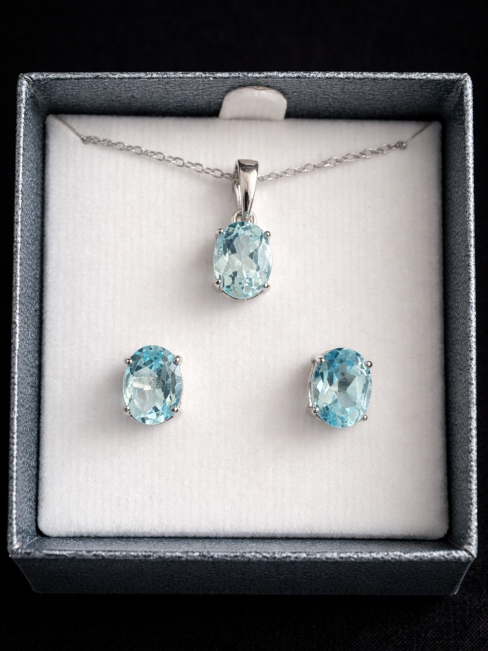 Aqua Blue Oval Pendant & Stud Earring Set - Sterling Look